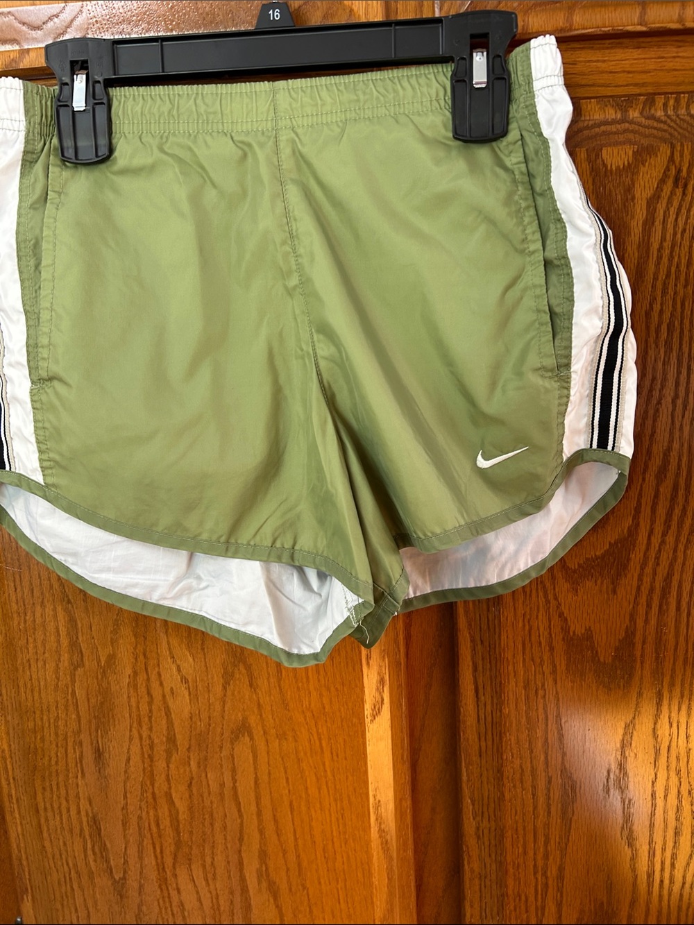 Nike Women's Olive Green Athletic Running Shorts with White Side Panels